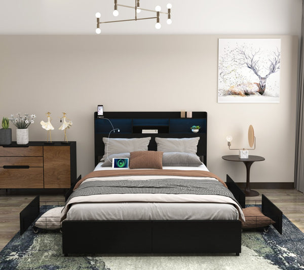 English Elm Queen Bed Frame With 6 Drawers, Headboard Charging Station, No Box Spring Needed, Noiseless Design W2129P387061-GIGA