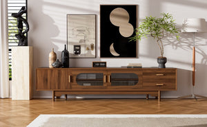 English Elm 78inch Walnut Entertainment Center Fluted Glass Solid Wood Legs Modern Living Room N710P362203P