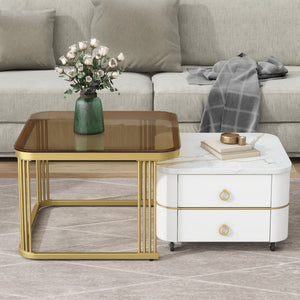 English Elm 2-In-1 Square Nesting Coffee Table With Wheels & Drawers, Stackable Side Table With High Gloss Marble Grain Top, End Table Set With Brown Tempered Glass For Living Room, White