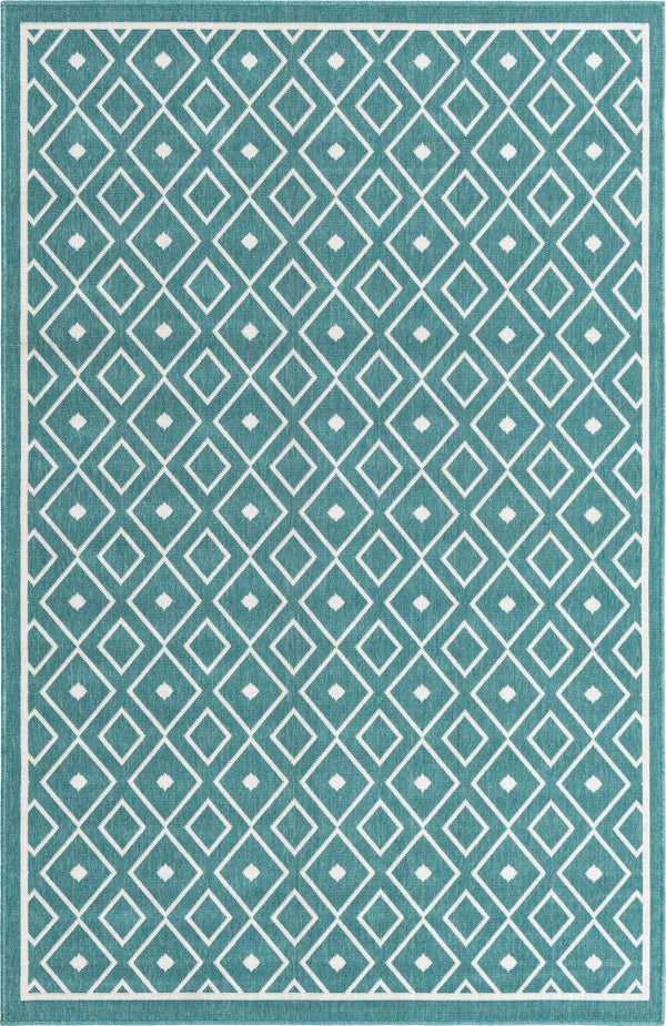 Unique Loom Outdoor Trellis Kafes Machine Made Geometric Rug Teal, Ivory 5' 3" x 8' 0"