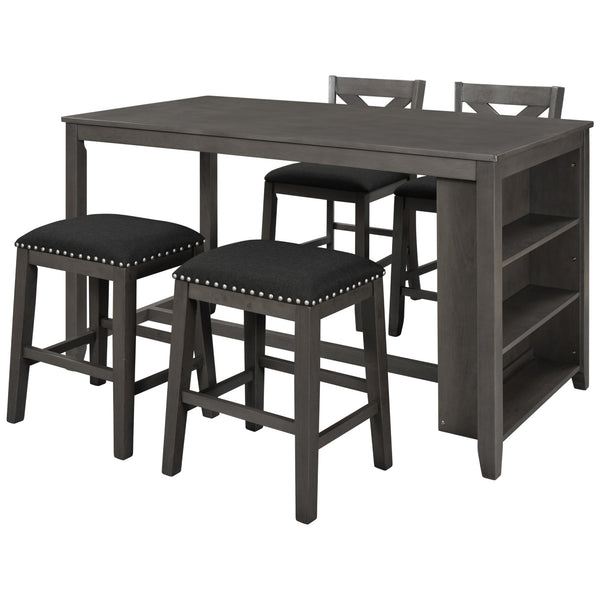 English Elm TOPMAX Counter Height Rustic Farmhouse 5-Piece Dining Set for 4 with Stacked Storage Shelves, Beige Upholstery Gray SP001134AAE