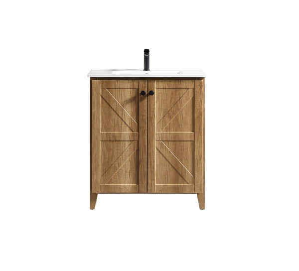 English Elm 30 Inch Floating Bathroom Vanity Fluted Wood Grain Front with Ceramic Integrated Sink Golden Oak W3520S00033