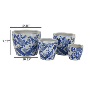 English Elm Kerry Blue Floral White Ceramic Planter Collection Four Graduated Pots for Indoor Garden Display White+Blue B056P416928