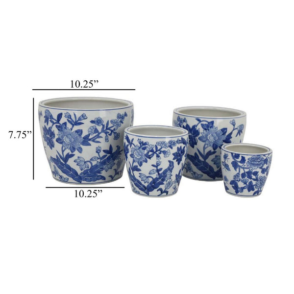English Elm Kerry Blue Floral White Ceramic Planter Collection Four Graduated Pots for Indoor Garden Display White+Blue B056P416928