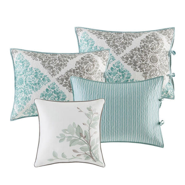 English Elm 6 Piece Reversible Daybed Cover Set Madison Park Claire Botanical Quilted Twin Cover with Shams and Decorative Pillow Aqua 15.75 L x 17.72 W x 8.27 H B035129018