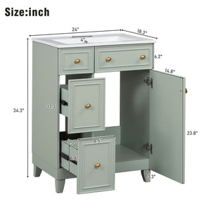 English Elm 24-Inch Bathroom Vanity Cabinet with Ceramic Sink, Space-Saving Storage, Solid Wood Feet, Durable Finish Green WF532034AAF