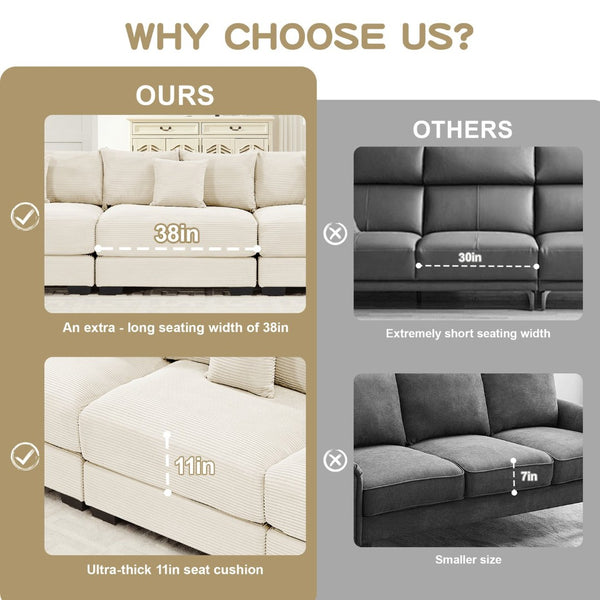 English Elm 170" Oversized Corduroy Cloud Sectional with Ottoman Deep Cushions for Living Rooms W714S01291