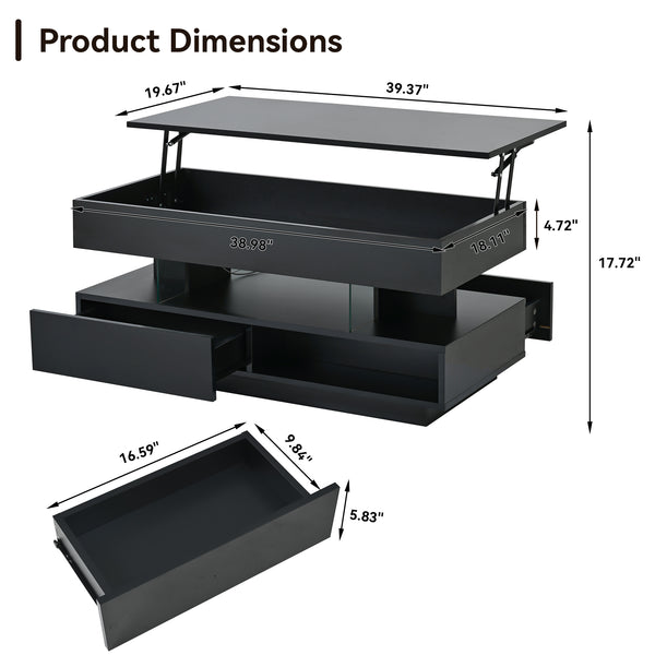 English Elm 39.3" Lift Top Coffee Table with Hidden Storage, 2 Drawers, Adjustable LED Ambience Lights and Durable Lift Mechanism Black W3871P368907