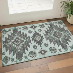 HomeRoots 5' X 8' Stylish Mint Green Tribal Area Rug - Washable, UV Protected, Durable for Kids & Pets 709002