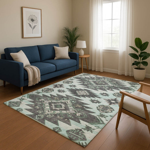 HomeRoots 5' X 8' Stylish Mint Green Tribal Area Rug - Washable, UV Protected, Durable for Kids & Pets 709002