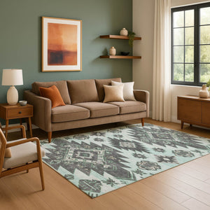 HomeRoots 5' X 8' Stylish Mint Green Tribal Area Rug - Washable, UV Protected, Durable for Kids & Pets 709002