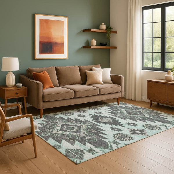 HomeRoots 5' X 8' Stylish Mint Green Tribal Area Rug - Washable, UV Protected, Durable for Kids & Pets 709002