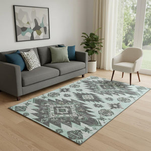 HomeRoots 8' Mint Green Charcoal Gray Tribal Area Rug - Washable, UV-Protected, Non-Slip for Busy Homes 709003