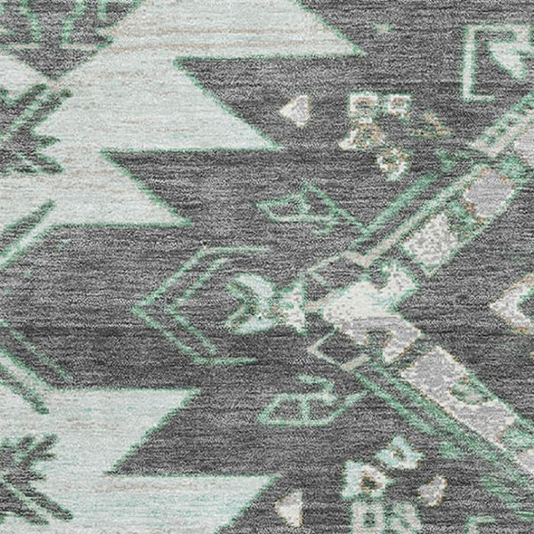 HomeRoots 8' Mint Green Charcoal Gray Tribal Area Rug - Washable, UV-Protected, Non-Slip for Busy Homes 709003