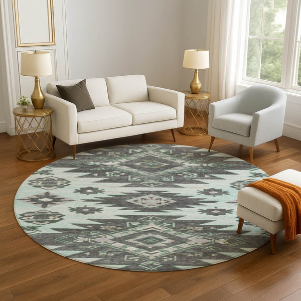 HomeRoots 8' X 10' Stylish Mint Green Tribal Area Rug - Washable, UV-Protected, & Perfect for Active Homes! 709004