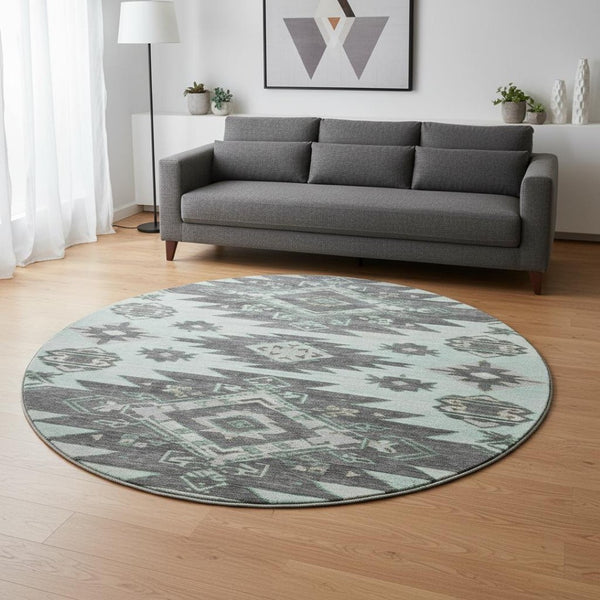 HomeRoots 8' X 10' Stylish Mint Green Tribal Area Rug - Washable, UV-Protected, & Perfect for Active Homes! 709004