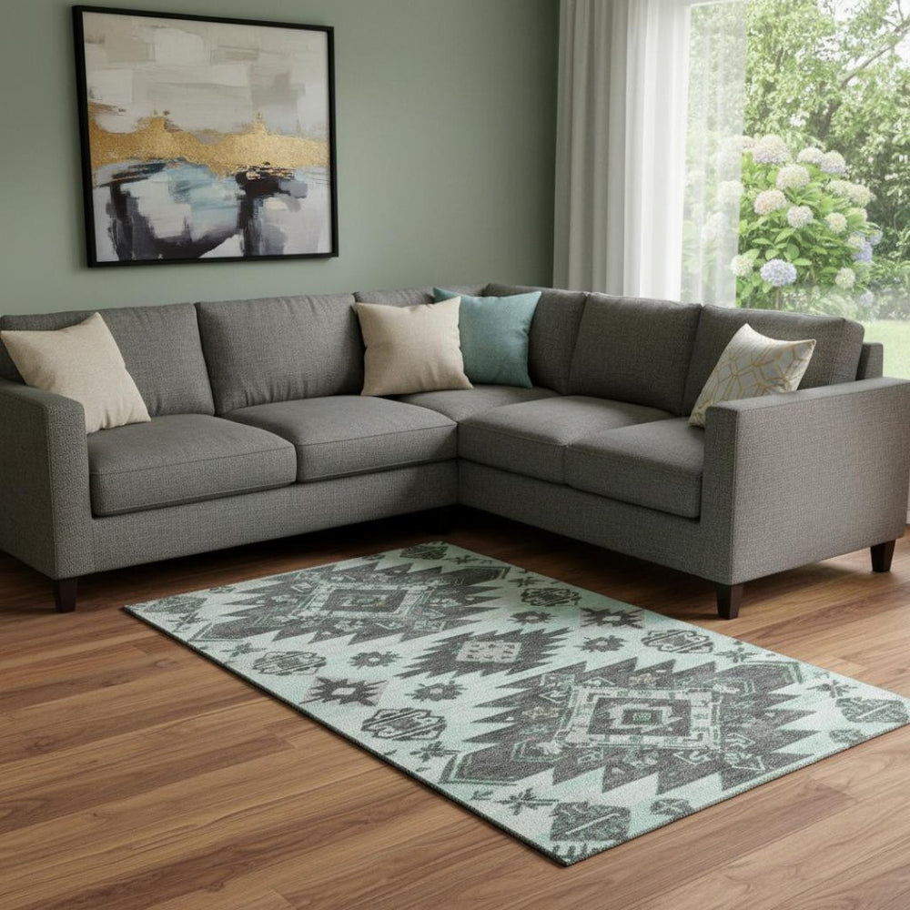 HomeRoots 9' X 12' Stylish Mint Green Tribal Area Rug - Washable, UV-Protected & Durable for Homes with Pets 709005