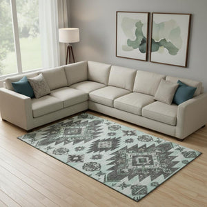 HomeRoots 10' X 14' Washable Mint Green Tribal Area Rug with UV Protection, Stain Resistance for Modern Homes 709006