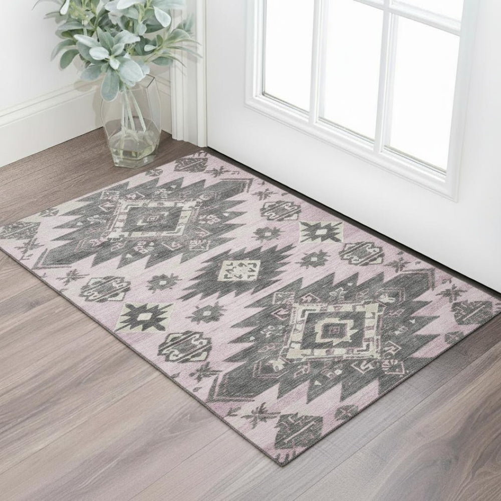 HomeRoots 5' X 8' Pink Charcoal Tribal Area Rug - Washable, Stain Resistant, UV Protected for Homes with Kids & Pets 709008