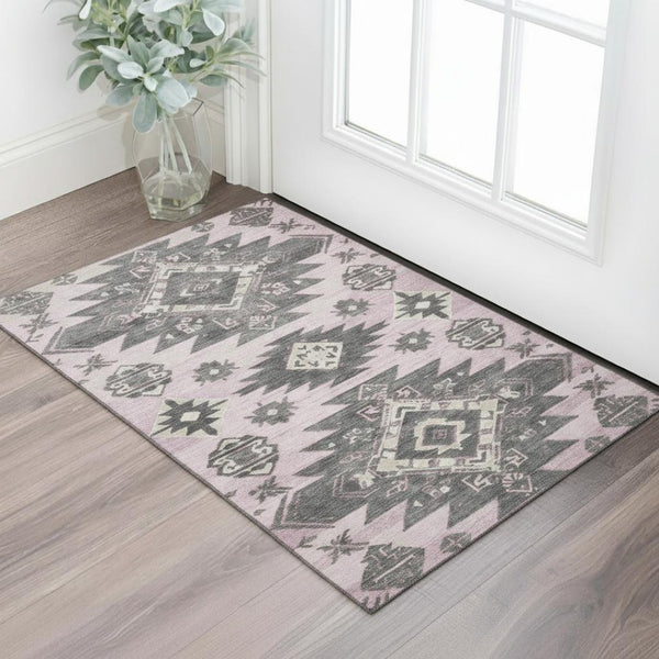 HomeRoots 5' X 8' Pink Charcoal Tribal Area Rug - Washable, Stain Resistant, UV Protected for Homes with Kids & Pets 709008