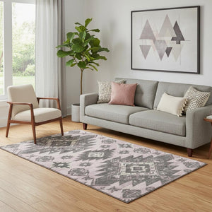 HomeRoots 8' Pink Charcoal and Gray Tribal Washable Round Rug - UV Protected, Stain-Resistant, Versatile Design 709009