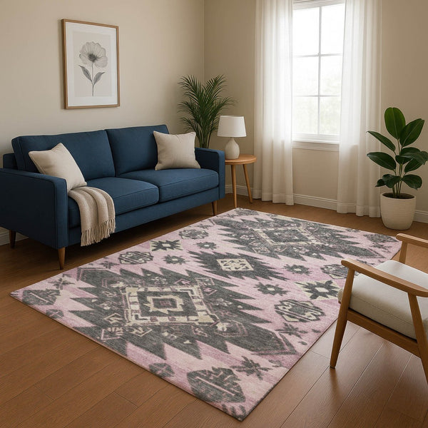 HomeRoots 8' Pink Charcoal and Gray Tribal Washable Round Rug - UV Protected, Stain-Resistant, Versatile Design 709009