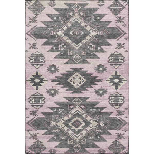 HomeRoots 8' Pink Charcoal and Gray Tribal Washable Round Rug - UV Protected, Stain-Resistant, Versatile Design 709009