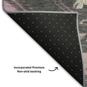 HomeRoots 8' Pink Charcoal and Gray Tribal Washable Round Rug - UV Protected, Stain-Resistant, Versatile Design 709009