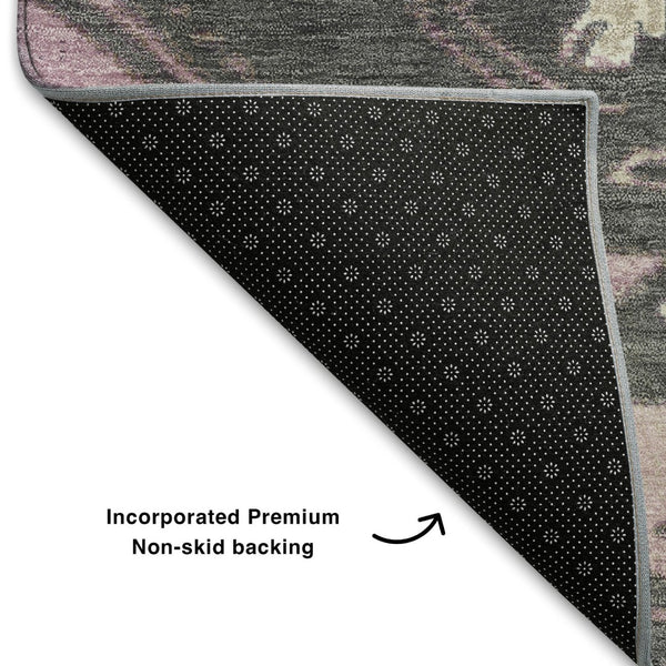 HomeRoots 8' Pink Charcoal and Gray Tribal Washable Round Rug - UV Protected, Stain-Resistant, Versatile Design 709009
