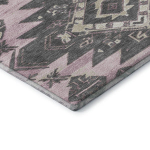 HomeRoots 8' Pink Charcoal and Gray Tribal Washable Round Rug - UV Protected, Stain-Resistant, Versatile Design 709009