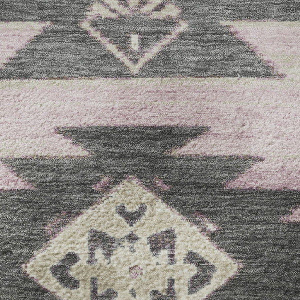 HomeRoots 8' Pink Charcoal and Gray Tribal Washable Round Rug - UV Protected, Stain-Resistant, Versatile Design 709009