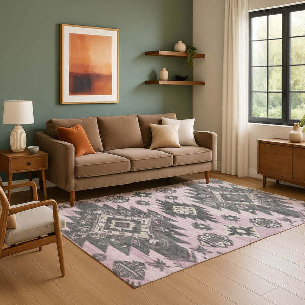 HomeRoots 8' Pink Charcoal and Gray Tribal Washable Round Rug - UV Protected, Stain-Resistant, Versatile Design 709009