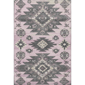 HomeRoots 8' Pink Charcoal and Gray Tribal Washable Round Rug - UV Protected, Stain-Resistant, Versatile Design 709009