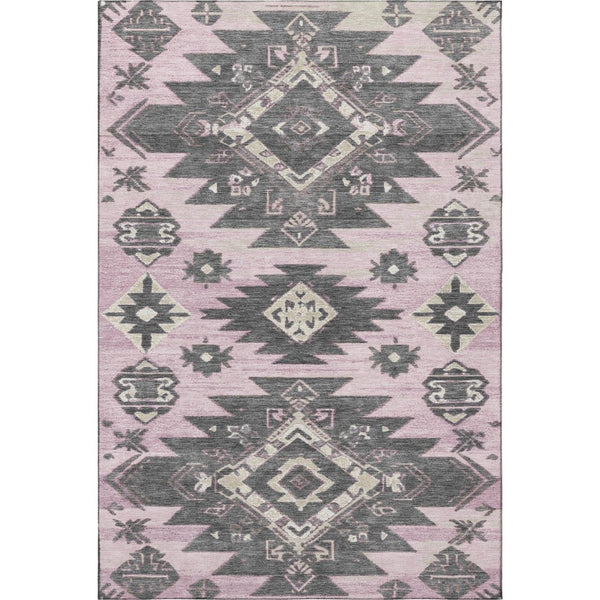 HomeRoots 8' Pink Charcoal and Gray Tribal Washable Round Rug - UV Protected, Stain-Resistant, Versatile Design 709009