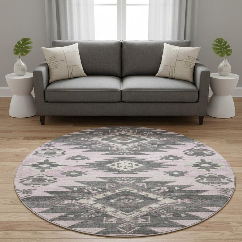 HomeRoots 8' X 10' Pink Charcoal Gray Tribal Washable Area Rug with UV Protection & Stain Resistance 709010