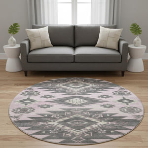 HomeRoots 8' X 10' Pink Charcoal Gray Tribal Washable Area Rug with UV Protection & Stain Resistance 709010