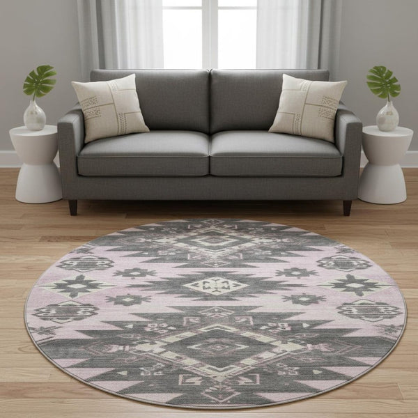 HomeRoots 8' X 10' Pink Charcoal Gray Tribal Washable Area Rug with UV Protection & Stain Resistance 709010