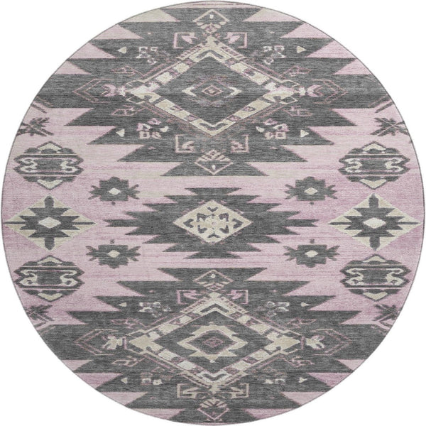HomeRoots 8' X 10' Pink Charcoal Gray Tribal Washable Area Rug with UV Protection & Stain Resistance 709010