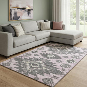 HomeRoots 9' X 12' Stylish Pink Charcoal Tribal Area Rug - Washable, UV-Protected, Perfect for Homes with Kids! 709011