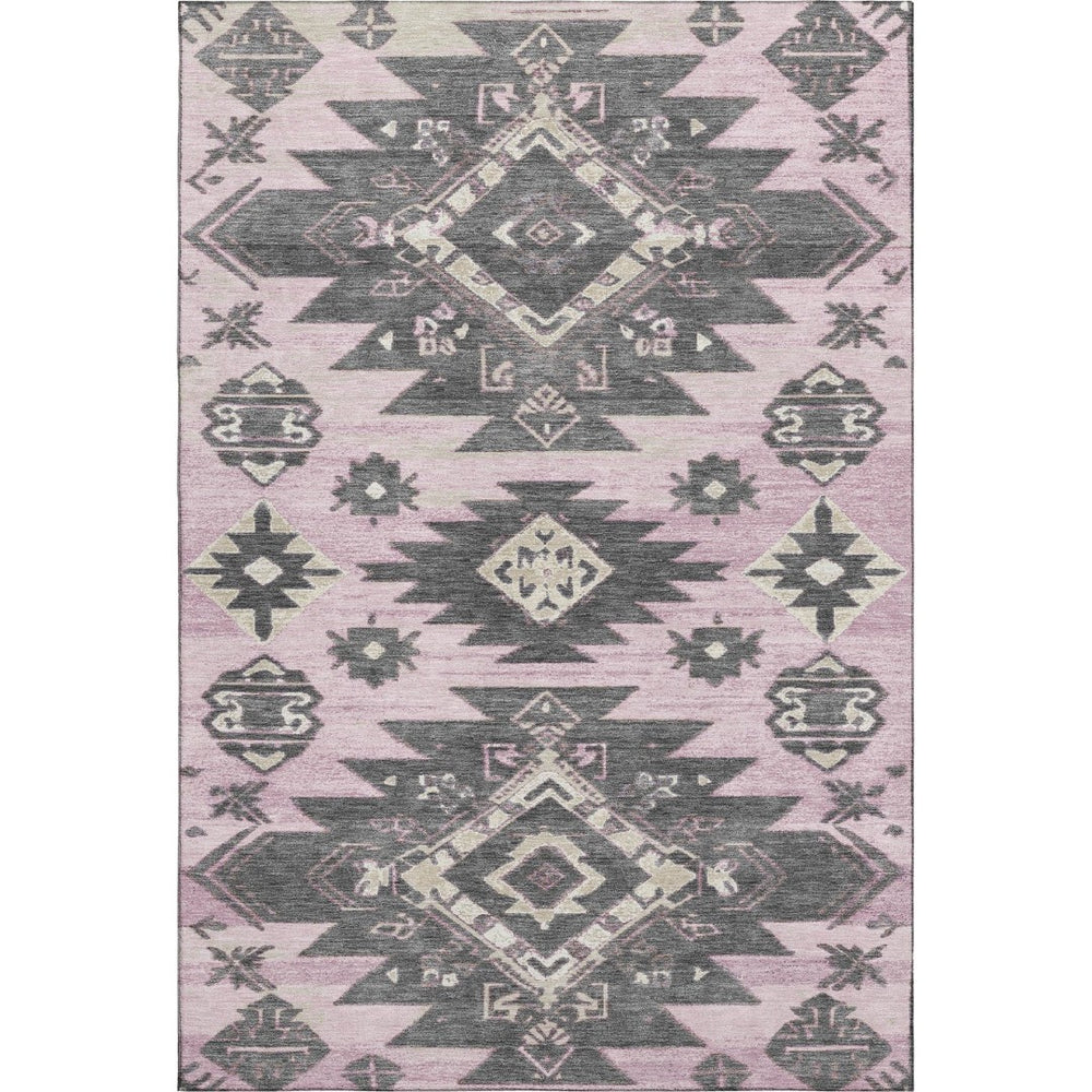 HomeRoots 9' X 12' Stylish Pink Charcoal Tribal Area Rug - Washable, UV-Protected, Perfect for Homes with Kids! 709011