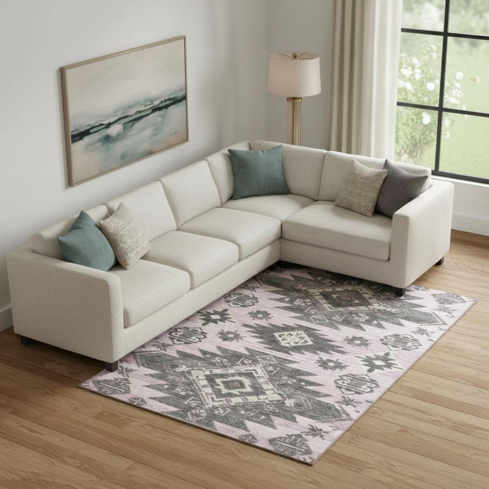 HomeRoots 10' X 14' Pink Charcoal & Gray Tribal Area Rug - Washable, UV Protected, Non-Slip for Family Spaces 709012