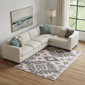 HomeRoots 10' X 14' Pink Charcoal & Gray Tribal Area Rug - Washable, UV Protected, Non-Slip for Family Spaces 709012