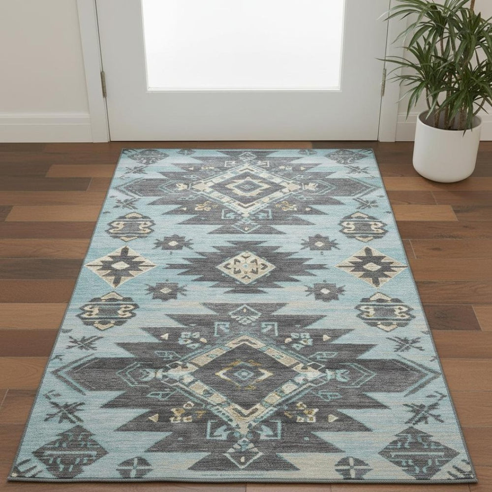 HomeRoots 5' X 8' Teal Charcoal Gray Tribal Area Rug – Machine Washable, UV Protected, Stain Resistant Design 709014