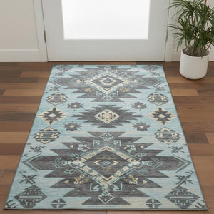 HomeRoots 5' X 8' Teal Charcoal Gray Tribal Area Rug – Machine Washable, UV Protected, Stain Resistant Design 709014