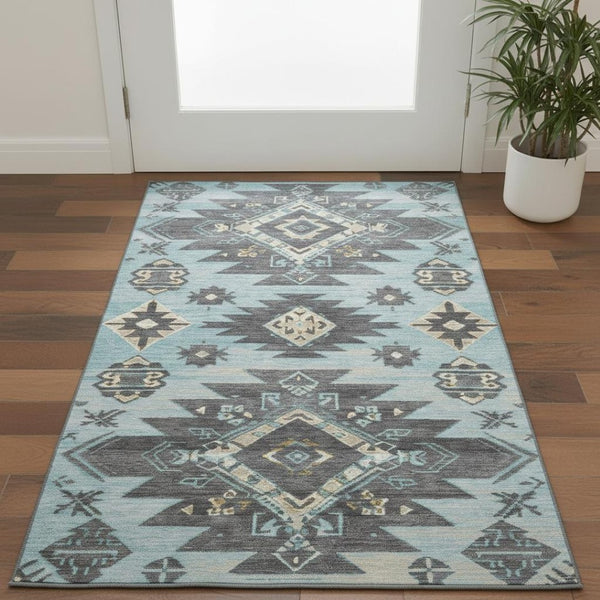 HomeRoots 5' X 8' Teal Charcoal Gray Tribal Area Rug – Machine Washable, UV Protected, Stain Resistant Design 709014