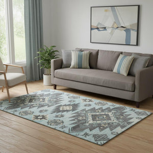 HomeRoots 8' Teal Charcoal and Gray Tribal Washable Round Rug with Non-Slip Backing & UV Protection Features 709015