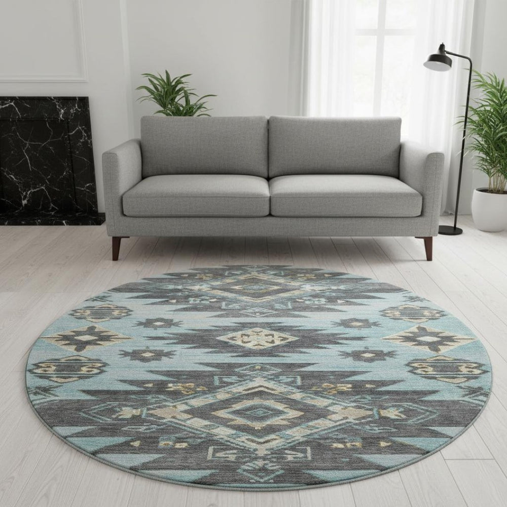 HomeRoots 8' X 10' Teal Charcoal Gray Tribal Area Rug - Stain Resistant, UV Protected, Perfect for Busy Spaces 709016
