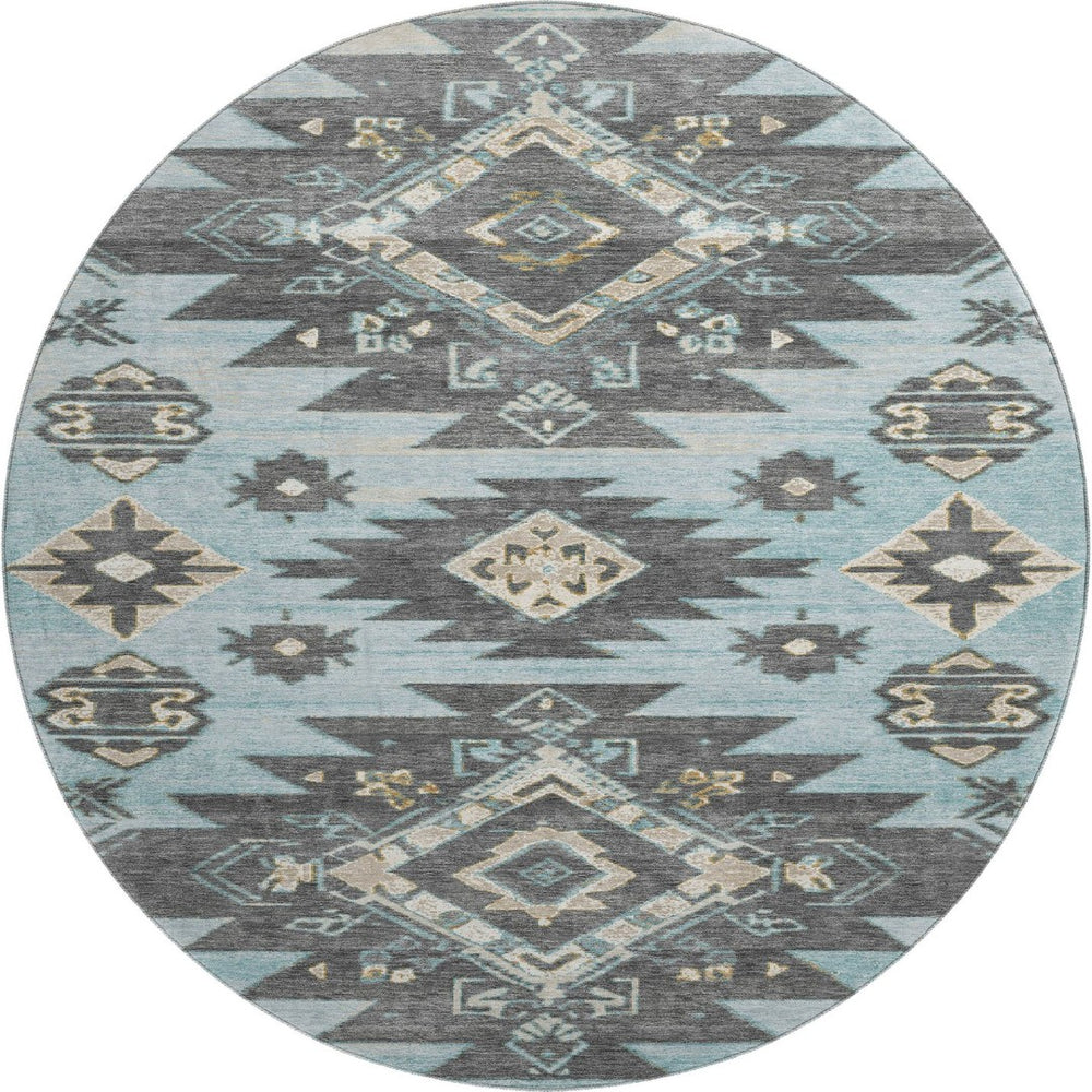 HomeRoots 8' X 10' Teal Charcoal Gray Tribal Area Rug - Stain Resistant, UV Protected, Perfect for Busy Spaces 709016