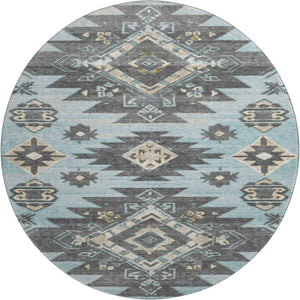 HomeRoots 8' X 10' Teal Charcoal Gray Tribal Area Rug - Stain Resistant, UV Protected, Perfect for Busy Spaces 709016