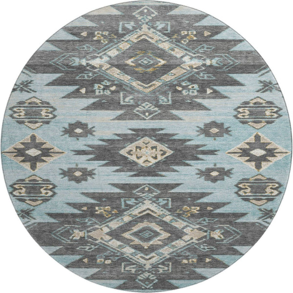 HomeRoots 8' X 10' Teal Charcoal Gray Tribal Area Rug - Stain Resistant, UV Protected, Perfect for Busy Spaces 709016